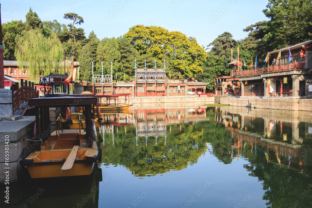 Lake and boat in the Summer Palace Park in Beijing, China