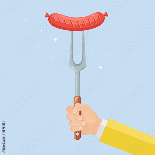 Grill hot sausage with fork in hand isolated on background. Bratwurst. Barbecue icon. BBQ picnic, family party. Cookout event concept. Vector illustration. Flat style design