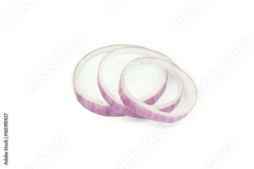 Sliced red onion rings isolated on white background