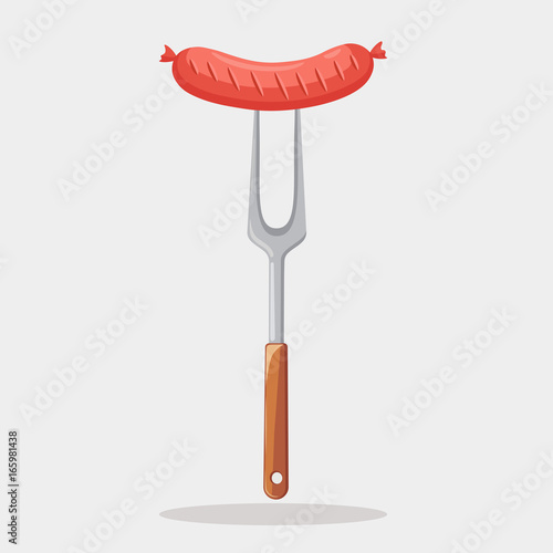 Grill hot sausage with fork in hand isolated on background. Bratwurst. Barbecue icon. BBQ picnic, family party. Cookout event concept. Vector illustration. Flat style design