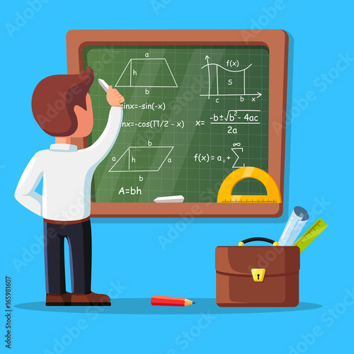 Young male teacher on lesson at blackboard in classroom. School tutor writing math formulas on chalkboard. Briefcase, ruler isolated on background. Education, teaching concept Vector flat illustration