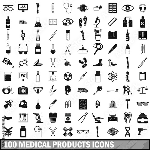 100 medical products icons set, simple style 