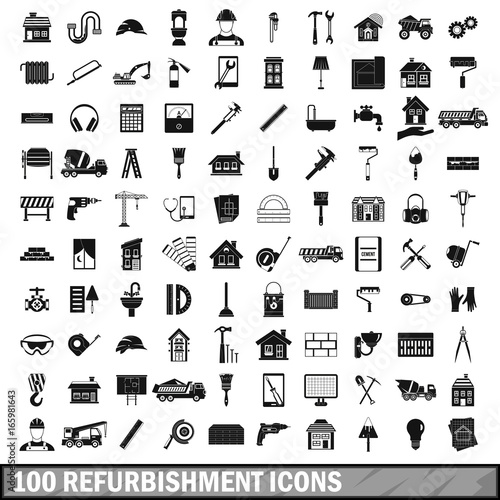 Photos 100 refurbishment icons set, simple style