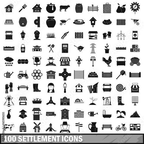 100 settlement icons set, simple style 