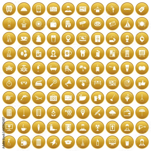 100 hotel services icons set gold