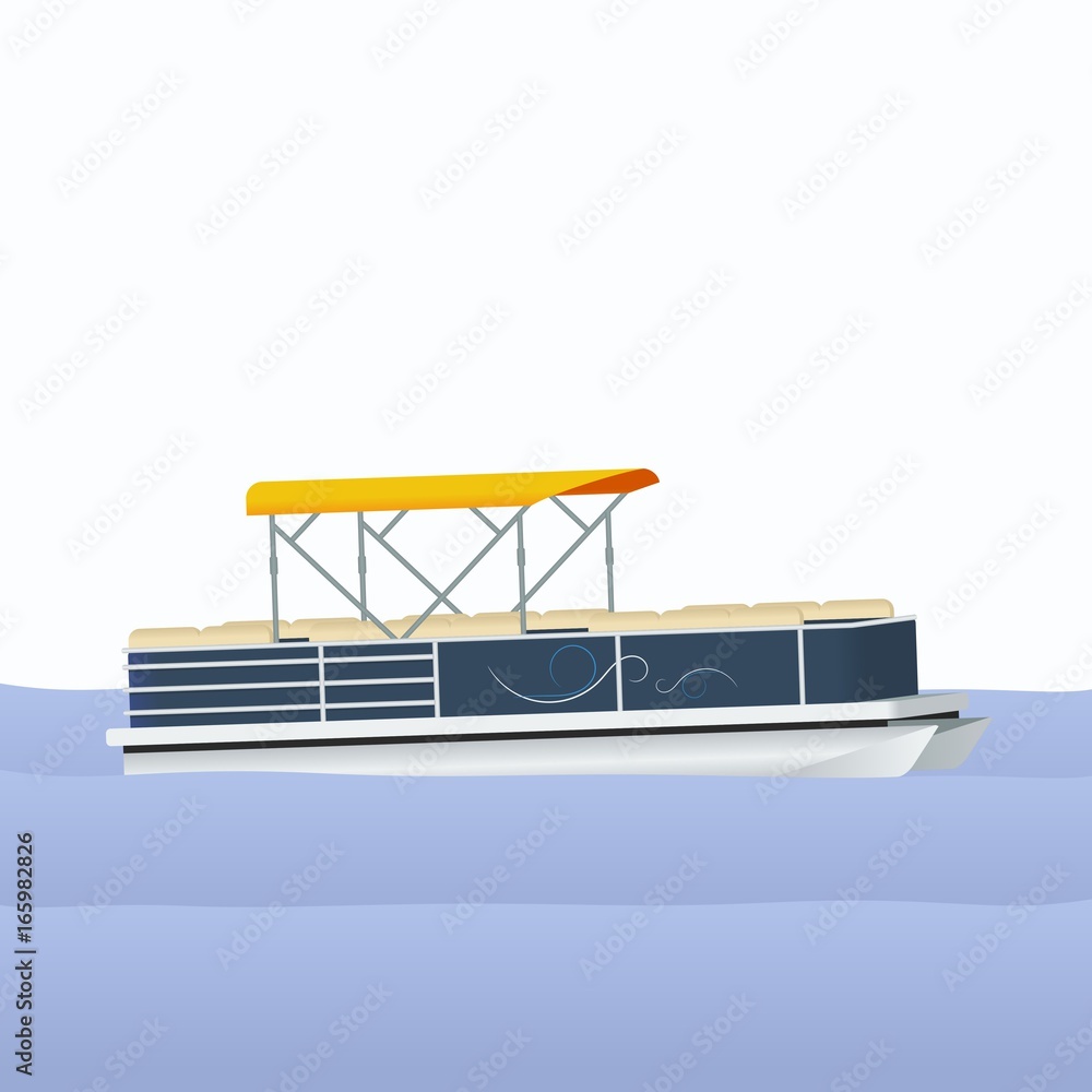 Semi-Oblique Side View Pontoon Boat on Calm Blue Water Vector Illustration for Transportation or Recreation Related Design Semi-Oblique Side View Pontoon Boat on Calm Blue Water Vector Illustration for Transportation or Recreation Related Design