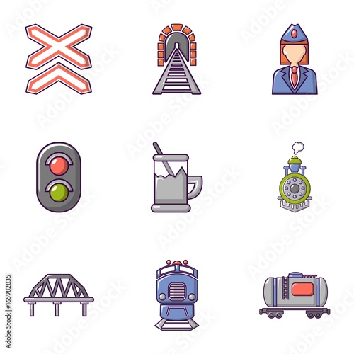 Railway steward icons set, flat style