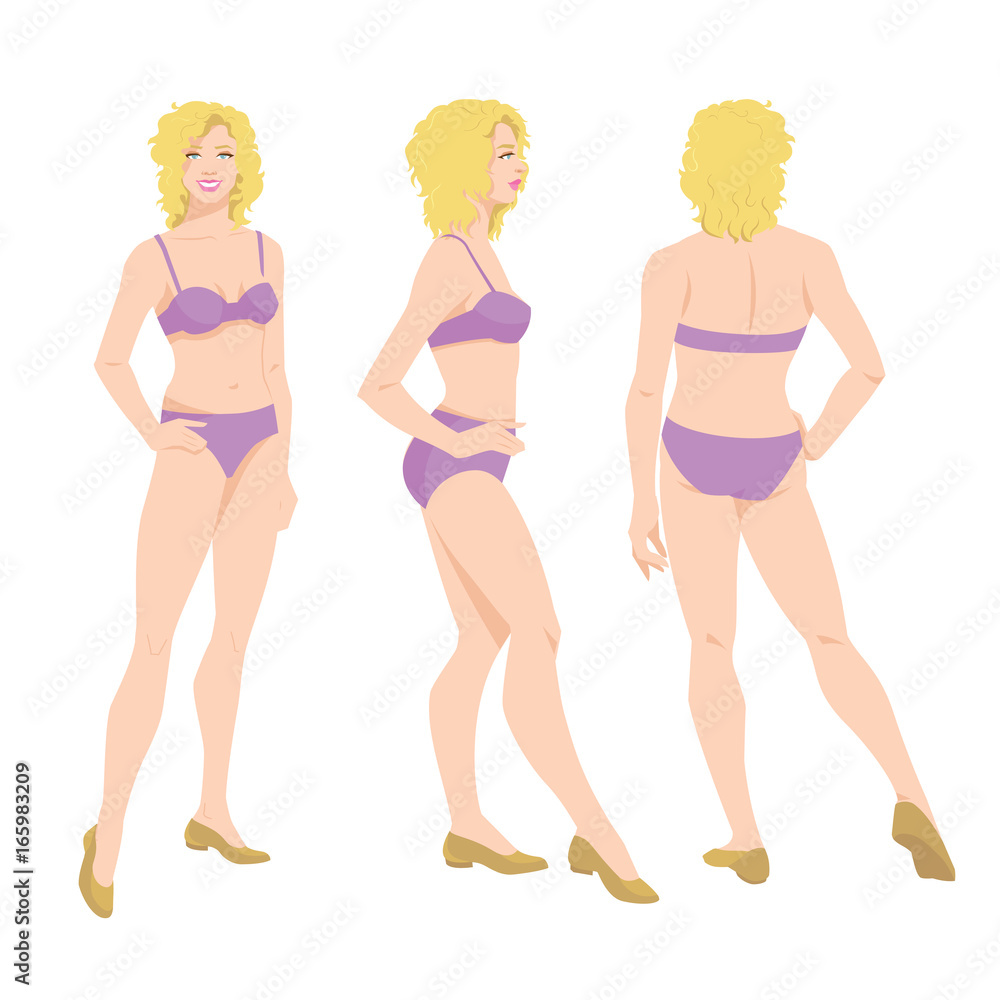 Vector illustration of beautiful woman in underwear on white background. Various turns woman's figure. Front view, side and back view. Vector illustration of beautiful woman in underwear on white background. Various turns woman's figure. Front view, side and back view.
