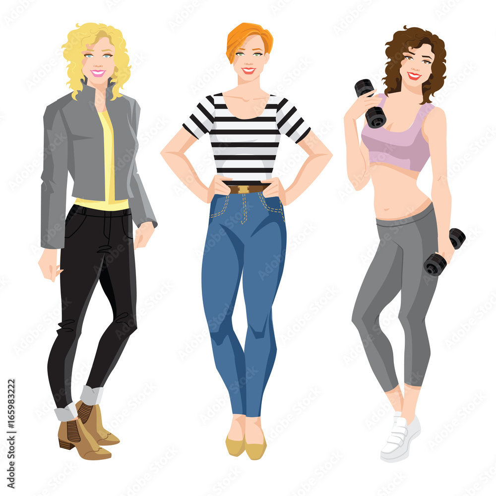 Vector illustration of young woman in different style of clothes. Woman with different hairstyle isolated on white background Vector illustration of young woman in different style of clothes. Woman with different hairstyle isolated on white background