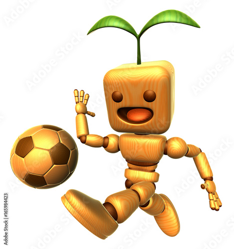 3D Wood Doll Mascot dribbled the ball towards the goal with speed. Wooden Ball Jointed doll Character Design Series.