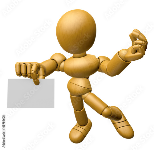 3D Wood Doll Mascot the left hand money gesture and right hand is holding a business cards. 3D Wooden Ball Jointed Doll Character Design Series.