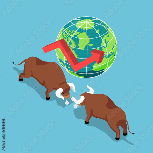 Isometric bulls fighting with world and growth graph.