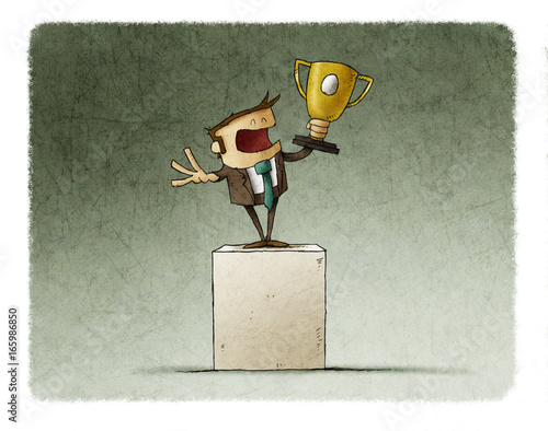 Businessman lifts a trophy because he has achieved his goal as an entrepreneur