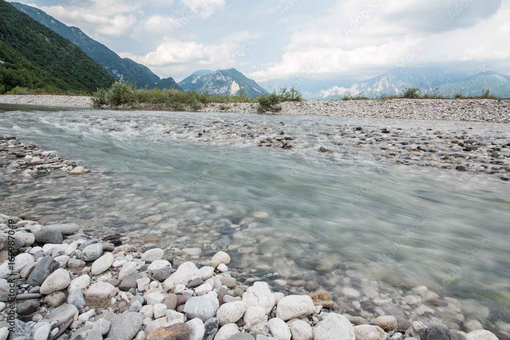 Landscapes and water features on the banks of the Tagliamento. Friuli