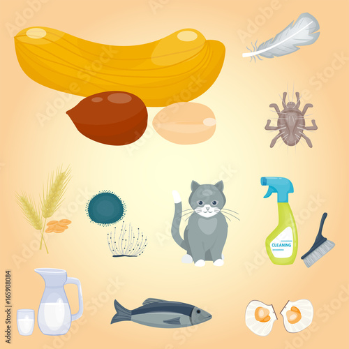 Allergy symbols disease healthcare food viruses health flat illness allergen symptoms disease information vector illustration.