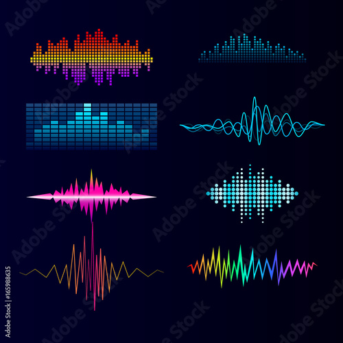 Vector digital music equalizer audio waves design template audio signal visualization signal illustration.