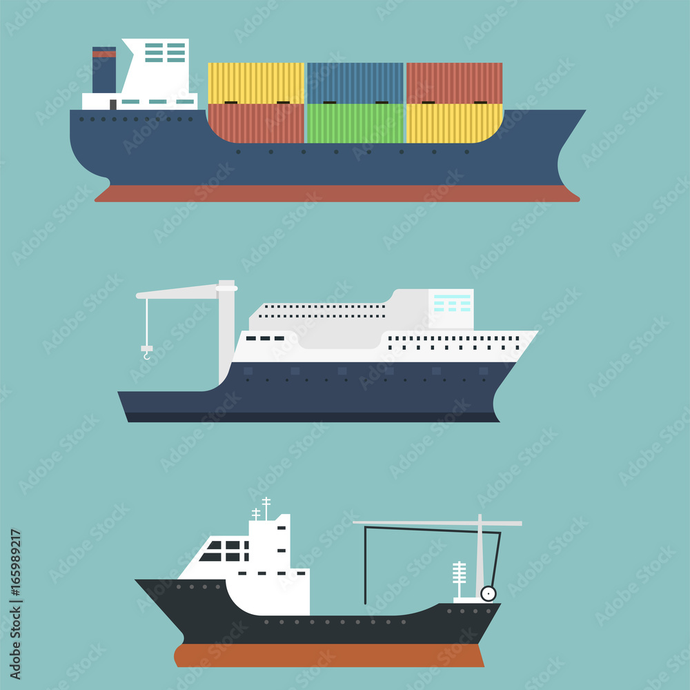 Cargo vessels and tankers shipping delivery bulk carrier train freight boat tankers isolated on background vector illustration