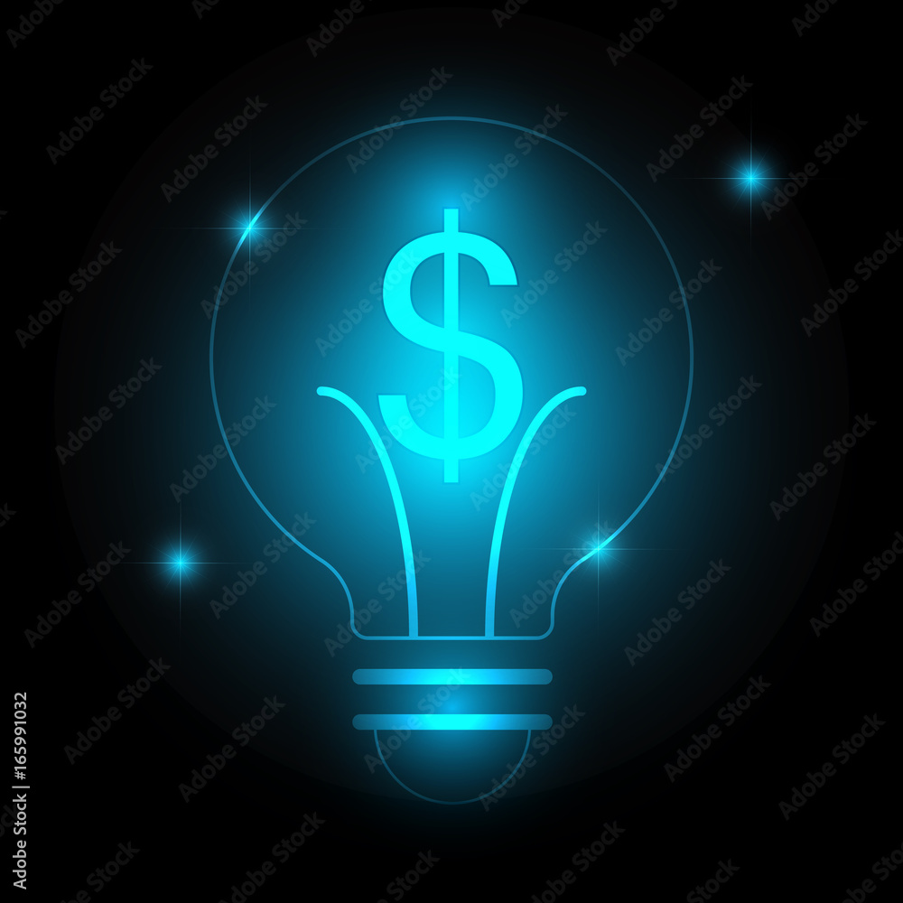 glowing blue dollar sign and bulb technology icon background as business, investment and money concept, vector illustration EPS10 glowing blue dollar sign and bulb technology icon background as business, investment and money concept, vector illustration EPS10