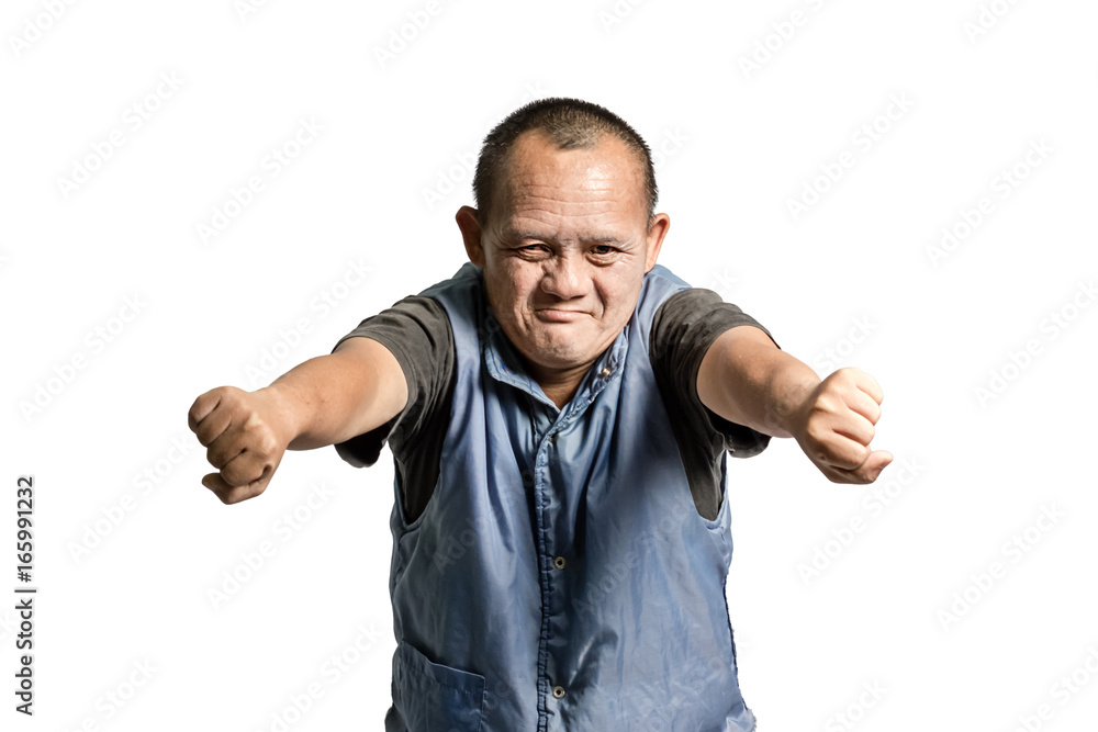 Portrait of a senior asian man in the pose of Kung Fu fighter. Isolated on white background with copy space and clipping path Portrait of a senior asian man in the pose of Kung Fu fighter. Isolated on white background with copy space and clipping path