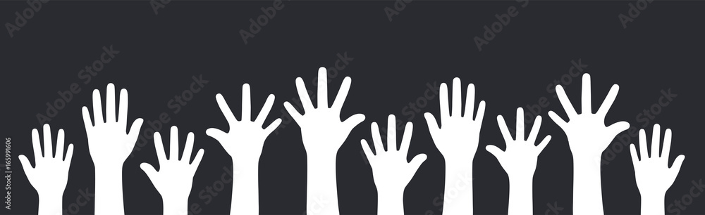 Concept of raised hands up on black background. Concept of raised hands up on black background.