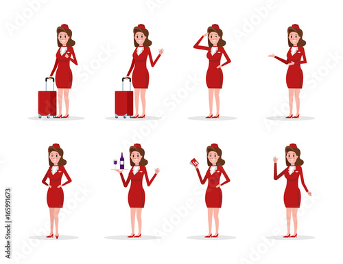 Set Air hostess in red uniform, isolated on white. flat character design vector illustration