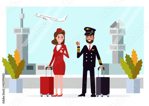 Airplane flight crew. Pilot, capitan and flying attendants. flat character design vector illustration