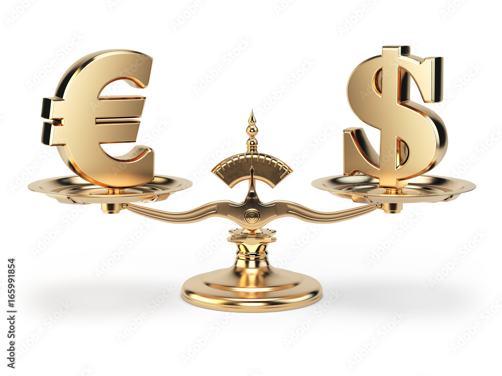 Scale with symbols of currencies euro and US dollar isolated on white ...