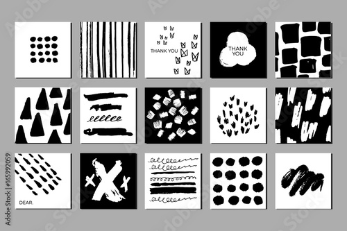 Doodled Creative Black and White Greeting Cards, Hand-drawn Textures, Grunge Brush strokes and scribbles, Vector decor elements