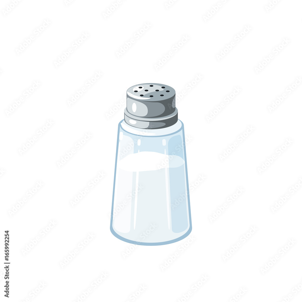 Transparent salt shaker with metal cap, salt inside. Vector