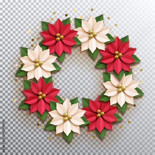 Christmas star. Paper poinsettia red and white flowers wreath. Vector illustration icon isolated.