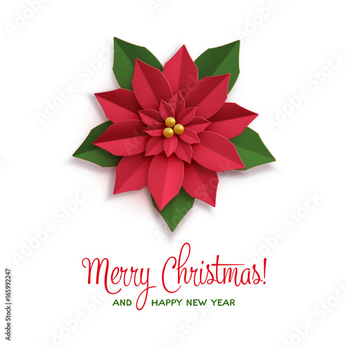 Christmas star. Poster with paper poinsettia red flower with inscription. Vector illustration icon isolated on white.