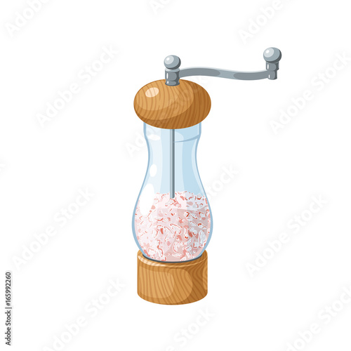 Transparent Himalayan pink salt mill with wooden bottom and cap. Metal handle. Vector cartoon illustration flat icon isolated on white.