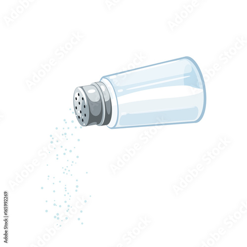 Transparent salt shaker with metal lid, pouring salt. Vector illustration cartoon flat icon isolated on white.