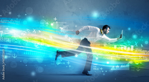 Business man running in high tech wave concept © ra2 studio