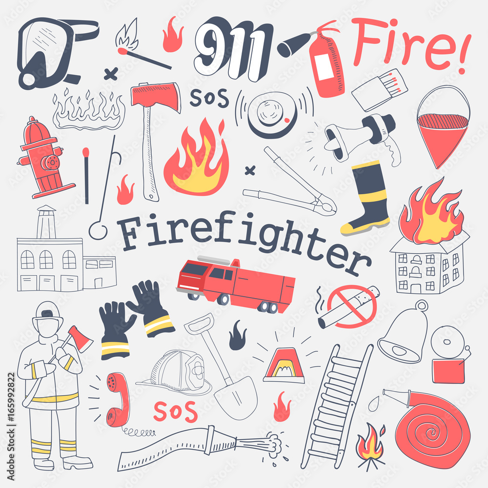 Obraz premium Firefighter Freehand Doodle. Fireman with extinguisher and Equipment Hand Drawn Elements Set. Vector illustration