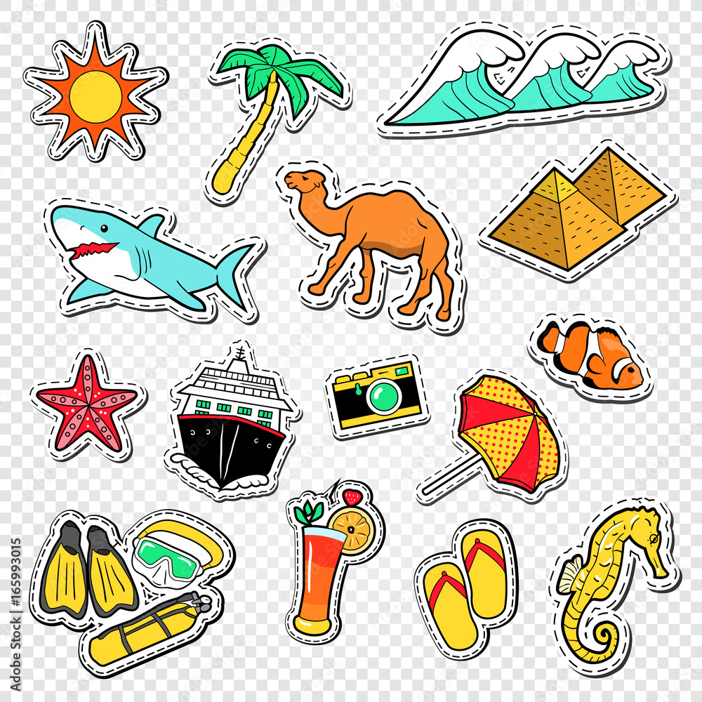 Travel to Egypt Doodle. Egyptian Landmark Stickers, Badges and Patches with Pyramids and Animals. Vector illustration Travel to Egypt Doodle. Egyptian Landmark Stickers, Badges and Patches with Pyramids and Animals. Vector illustration