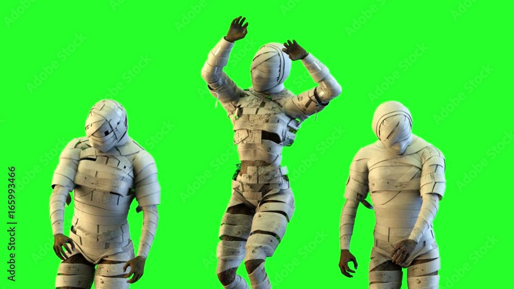 three evil mummy on a green background, 3D render three evil mummy on a green background, 3D render