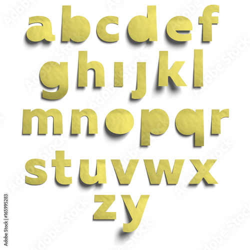 3D realistic yellow paper post it notes lowercase alphabet set with soft shadow isolated on white background.