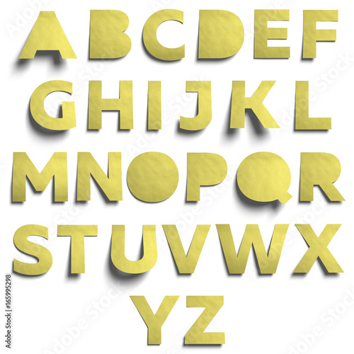3D realistic yellow paper post it notes uppercase alphabet set with soft shadow isolated on white background.