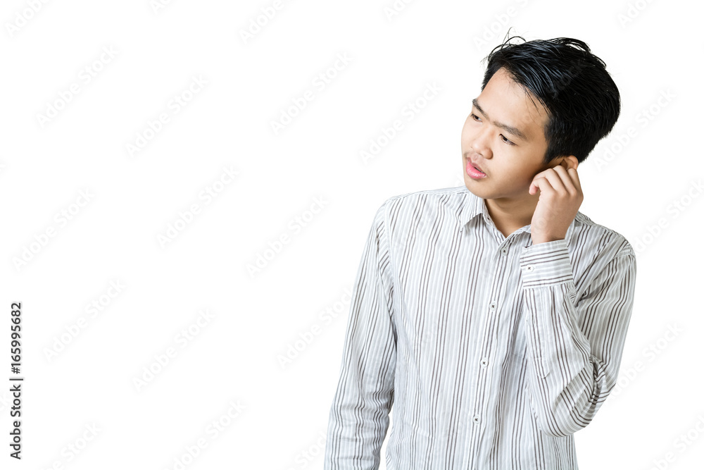 Portrait of a young business man having an earache. Isolated on white background with copy space and clipping path Portrait of a young business man having an earache. Isolated on white background with copy space and clipping path