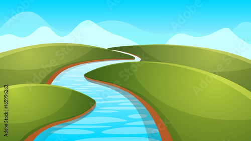 Landscape cartoon, illustration. River sun hill Vector eps 10 © rwgusev