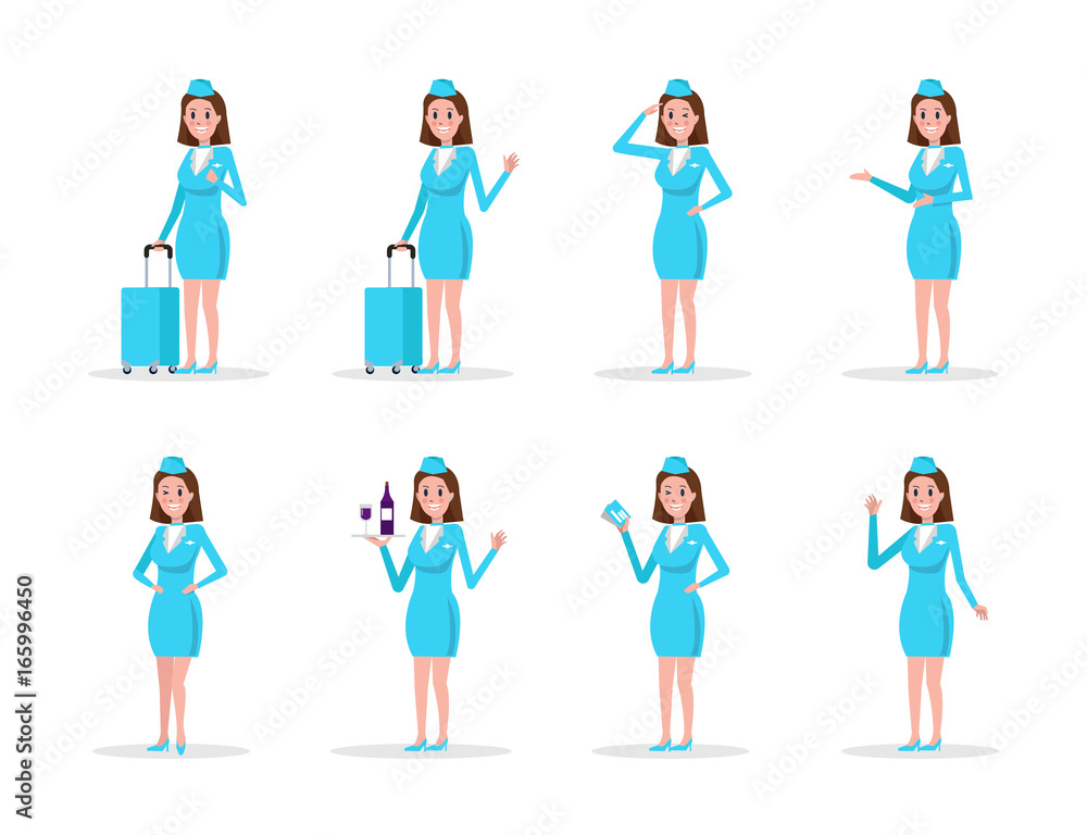 Set Air hostess in Blue uniform, isolated on white. flat character design vector illustration