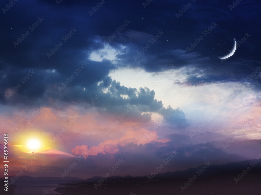 Dramatic nature background . RBeautiful night .Beautiful red sunset sky eligion background . Red sunset and moon , Dramatic nature background . RBeautiful night .Beautiful red sunset sky eligion background . Red sunset and moon ,