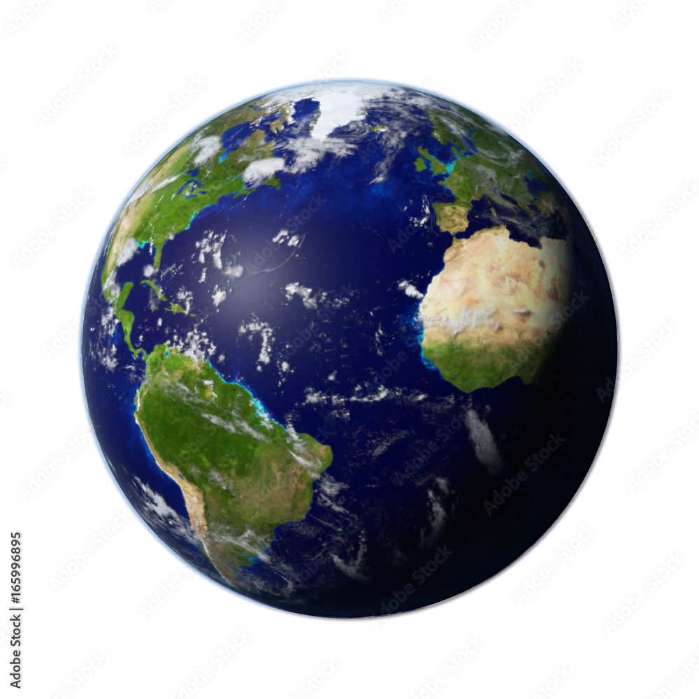 Naklejka premium 3d render, Earth isolated on white background showing Africa, Europe, North America and South America