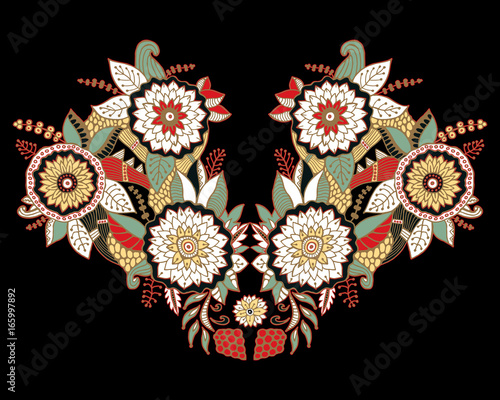 stock vector abstract hand draw flower and wave, doodle bouquet. oriental or arabic, russia textile design. template for card. banner