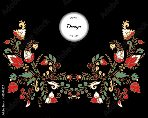 stock vector flowers and leaf ornament. oriental or russian pattern.necklace embroidery design