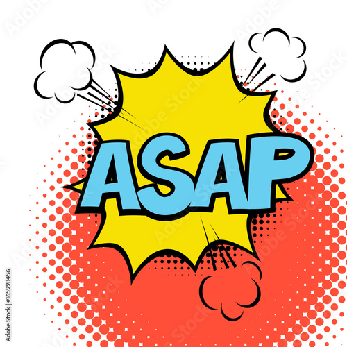 ASAP. Colorful speech bubble with lightning. Comic alphabet. Halftone background