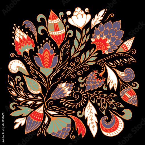 stock vector abstract hand draw flower and wave, doodle bouquet. oriental or arabic, russia textile design. template for card. banner