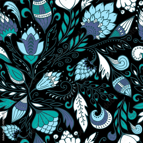 stock vector abstract hand draw flower and wave, doodle bouquet. oriental or arabic, russia textile design. template for card. banner