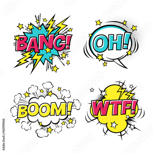 Comic speech bubbles set with different emotions and text BOOM, OH, BANG, WTF. Vector cartoon illustrations isolated on white background. Halftones, stars and other elements in separated layers.